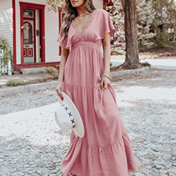 Women's Casual Short Sleeve V Neck Floral Maxi  Boho Beach Photoshoot Dresses - Picture 4 of 5